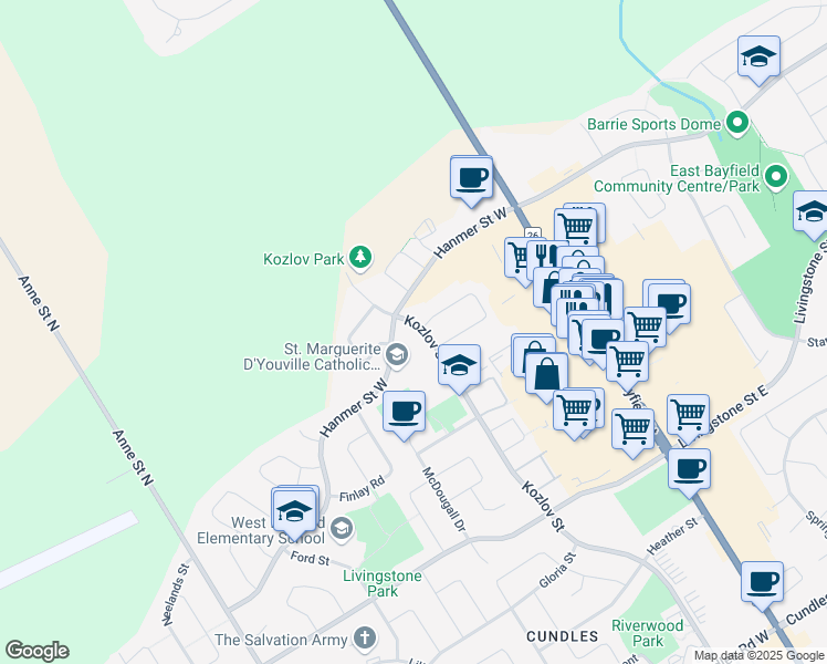 map of restaurants, bars, coffee shops, grocery stores, and more near 258 Kozlov Street in Barrie