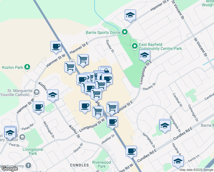 map of restaurants, bars, coffee shops, grocery stores, and more near 521 Bayfield Street in Barrie
