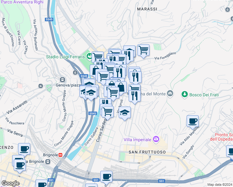 map of restaurants, bars, coffee shops, grocery stores, and more near 105 Corso Sardegna in Genova
