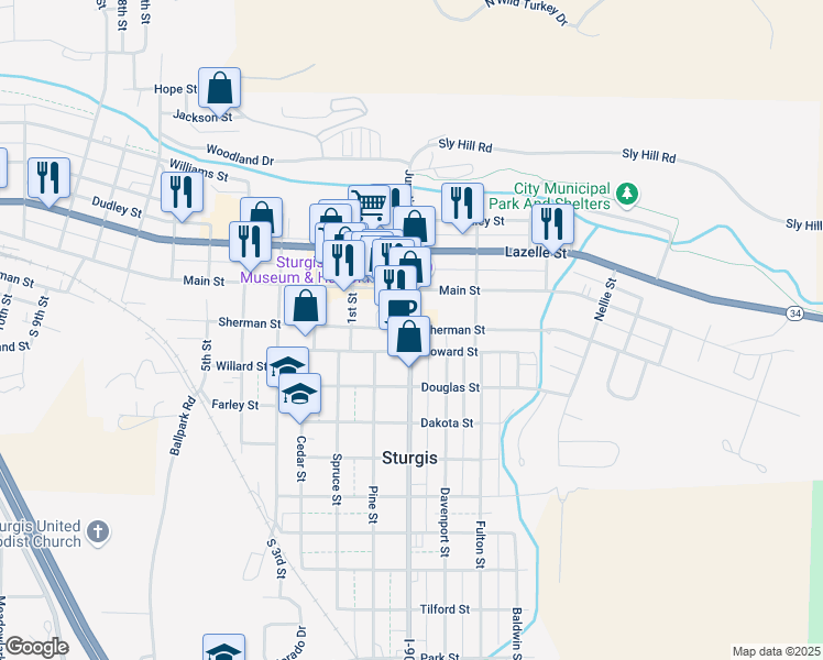 map of restaurants, bars, coffee shops, grocery stores, and more near Sherman Street in Sturgis
