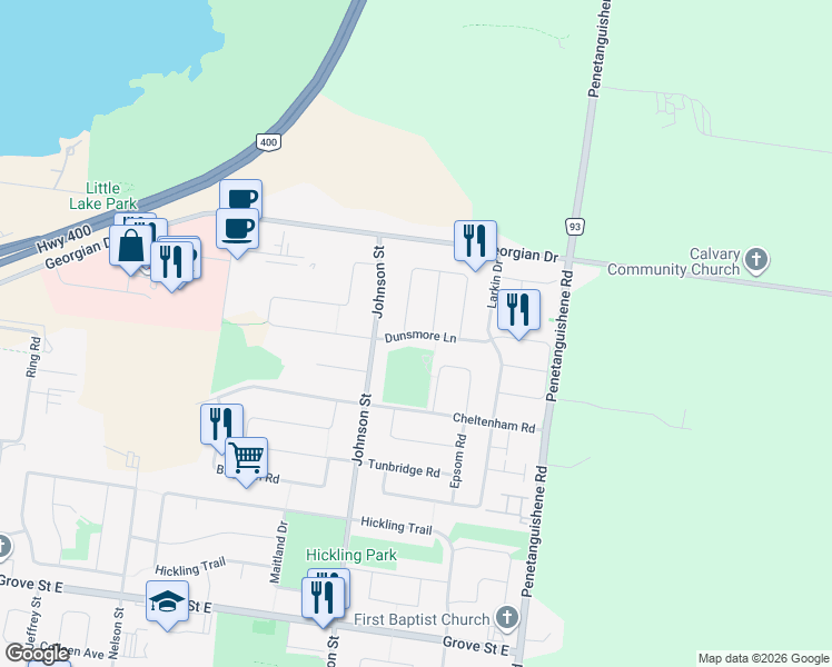 map of restaurants, bars, coffee shops, grocery stores, and more near 253 Dunsmore Lane in Barrie