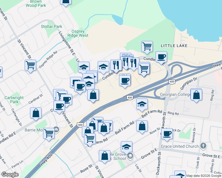map of restaurants, bars, coffee shops, grocery stores, and more near 299 Cundles Road East in Barrie
