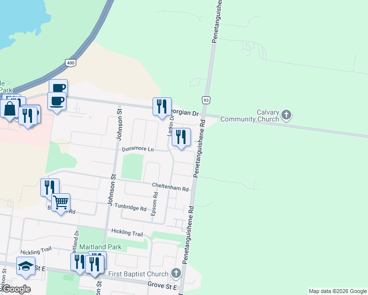 map of restaurants, bars, coffee shops, grocery stores, and more near 362 Dunsmore Lane in Barrie