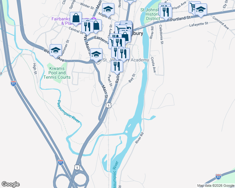 map of restaurants, bars, coffee shops, grocery stores, and more near 590 Bay Street in Saint Johnsbury