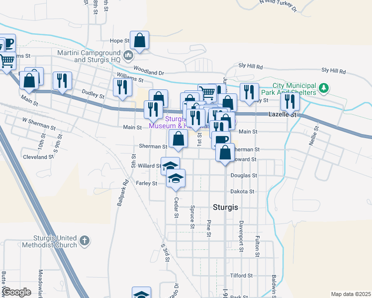 map of restaurants, bars, coffee shops, grocery stores, and more near 1102 Main Street in Sturgis