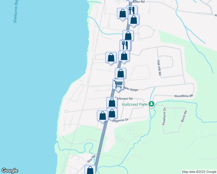 map of restaurants, bars, coffee shops, grocery stores, and more near 45 Palmer Court in Shelburne