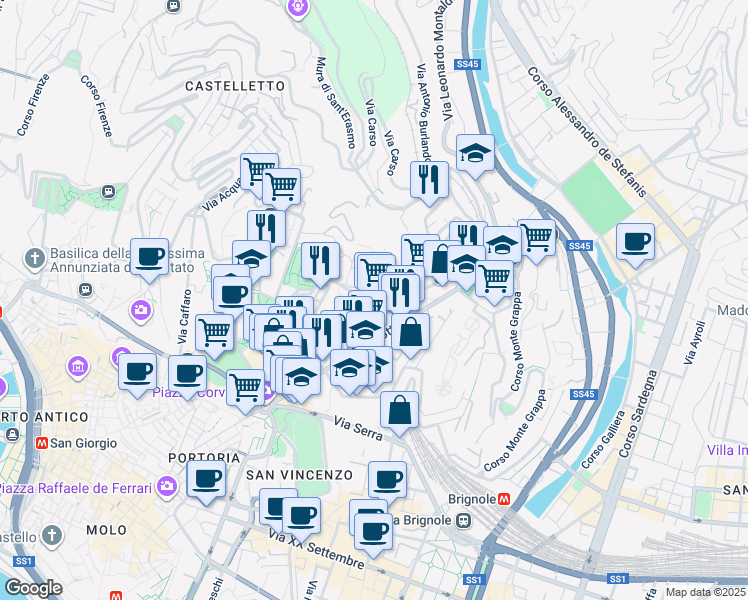 map of restaurants, bars, coffee shops, grocery stores, and more near 1 Corso Solferino in Genova