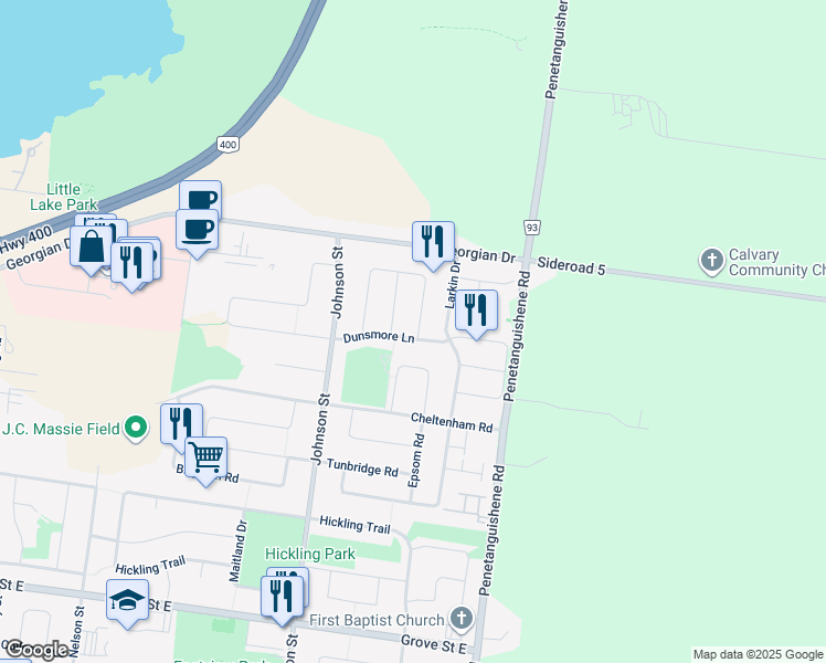 map of restaurants, bars, coffee shops, grocery stores, and more near 290 Dunsmore Lane in Barrie