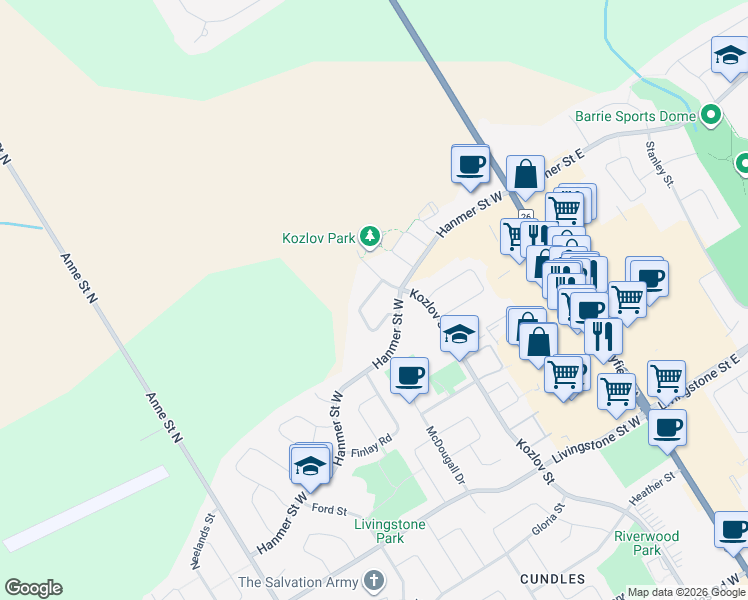 map of restaurants, bars, coffee shops, grocery stores, and more near 59 Forsyth Crescent in Barrie