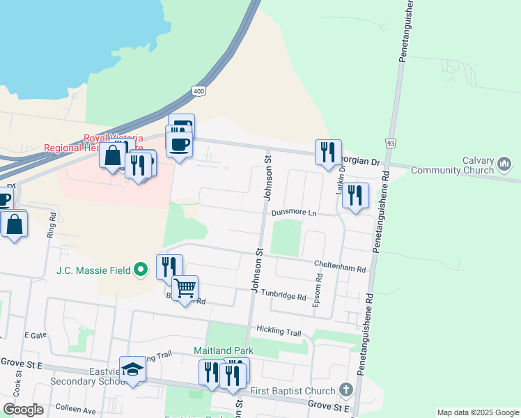 map of restaurants, bars, coffee shops, grocery stores, and more near 222 Dunsmore Lane in Barrie