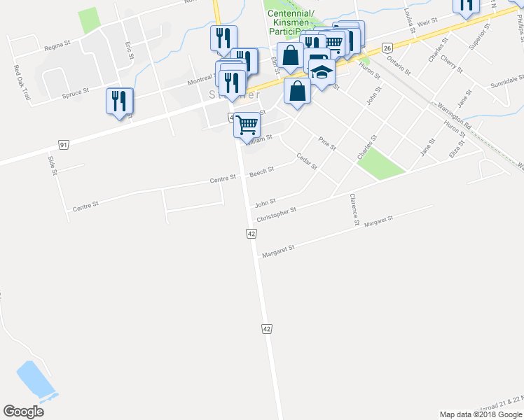 map of restaurants, bars, coffee shops, grocery stores, and more near 205 John Street in Stayner