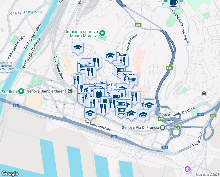 map of restaurants, bars, coffee shops, grocery stores, and more near 23 Corso Luigi Andrea Martinetti in Genova