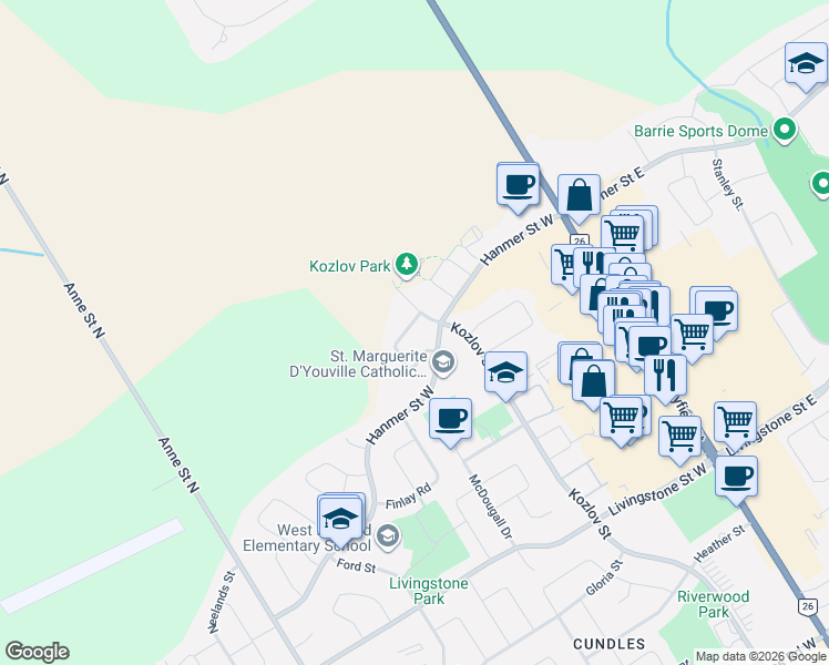 map of restaurants, bars, coffee shops, grocery stores, and more near 63 Forsyth Crescent in Barrie