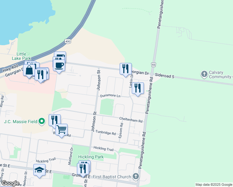 map of restaurants, bars, coffee shops, grocery stores, and more near 276 Dunsmore Lane in Barrie