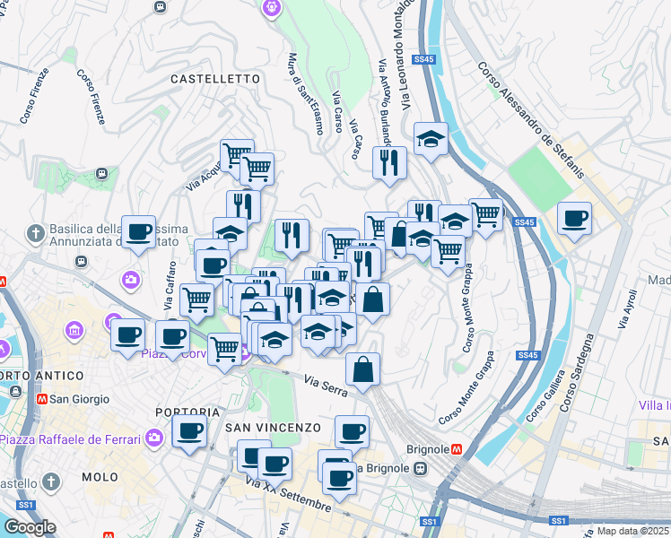 map of restaurants, bars, coffee shops, grocery stores, and more near 1 Corso Solferino in Genova