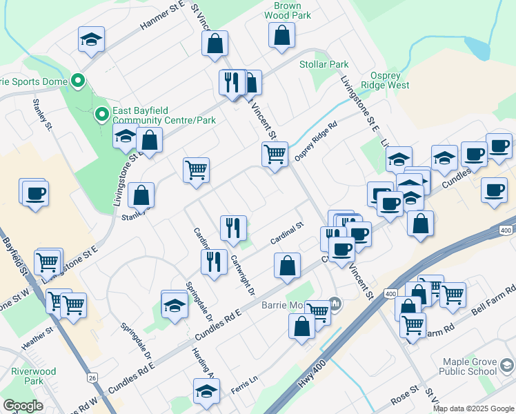 map of restaurants, bars, coffee shops, grocery stores, and more near 64 Hadden Crescent in Barrie