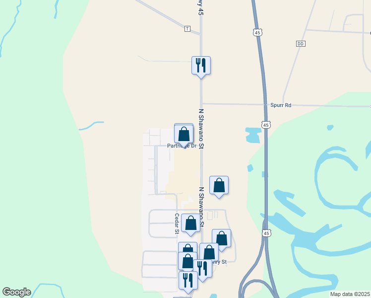 map of restaurants, bars, coffee shops, grocery stores, and more near 1931 North Shawano Street in New London