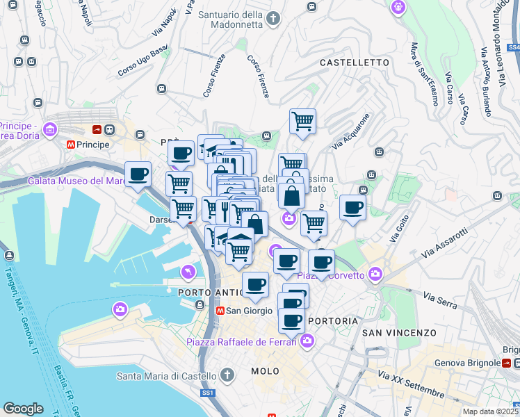 map of restaurants, bars, coffee shops, grocery stores, and more near in Genoa