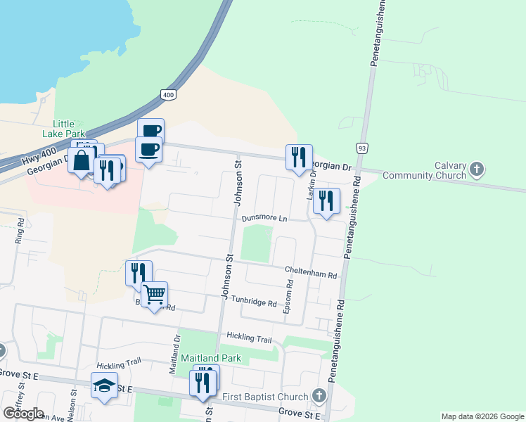 map of restaurants, bars, coffee shops, grocery stores, and more near 256 Dunsmore Lane in Barrie
