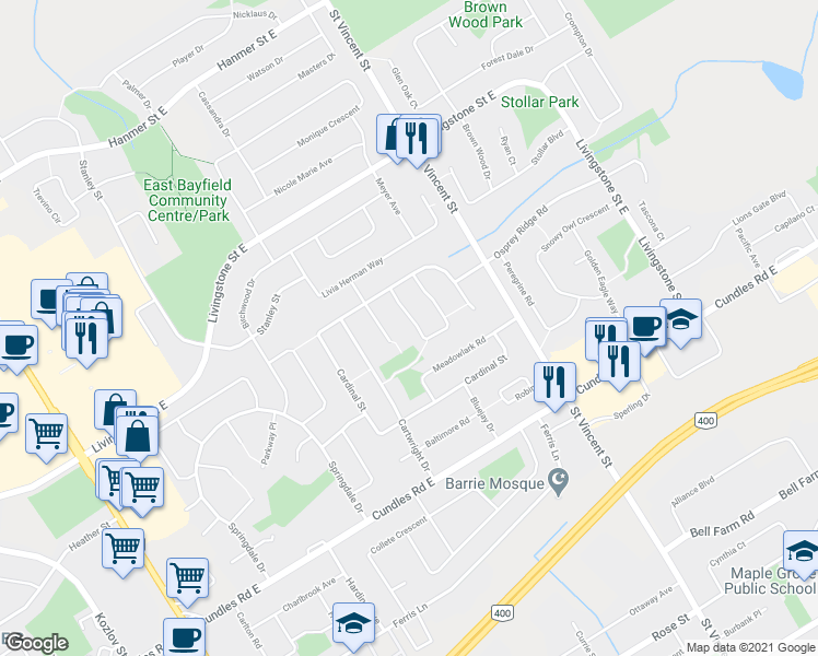 map of restaurants, bars, coffee shops, grocery stores, and more near 24 Hadden Crescent in Barrie