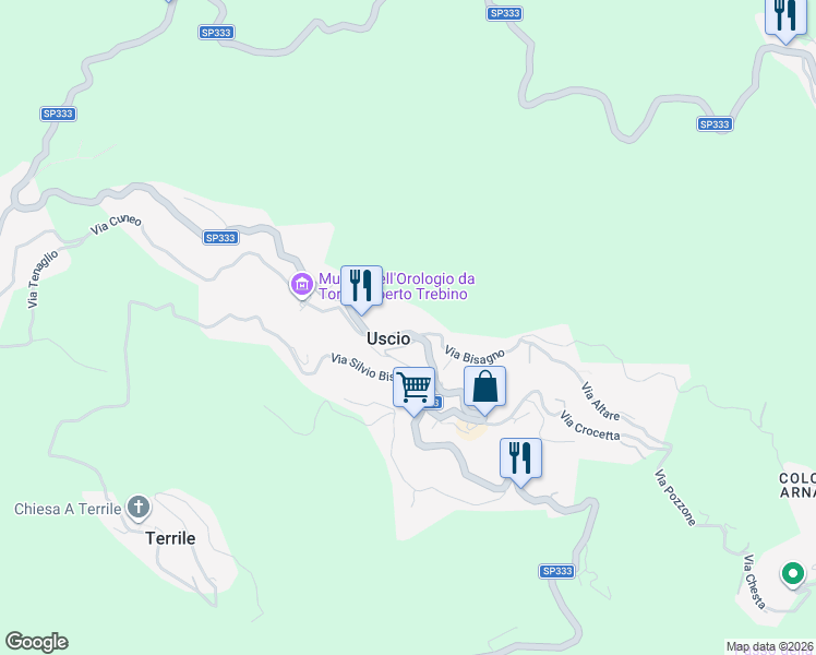 map of restaurants, bars, coffee shops, grocery stores, and more near 5 Via Bisagno in Uscio