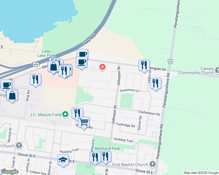map of restaurants, bars, coffee shops, grocery stores, and more near 210 Dunsmore Lane in Barrie