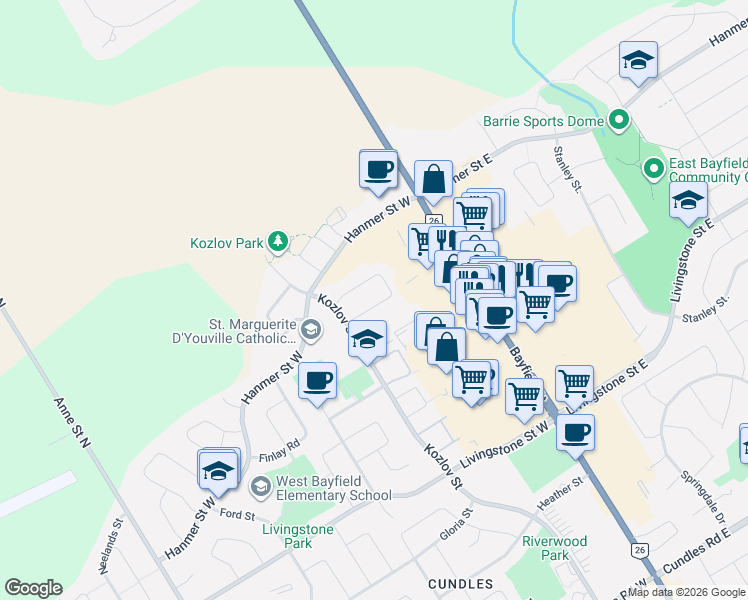 map of restaurants, bars, coffee shops, grocery stores, and more near 33 Pearcey Crescent in Barrie