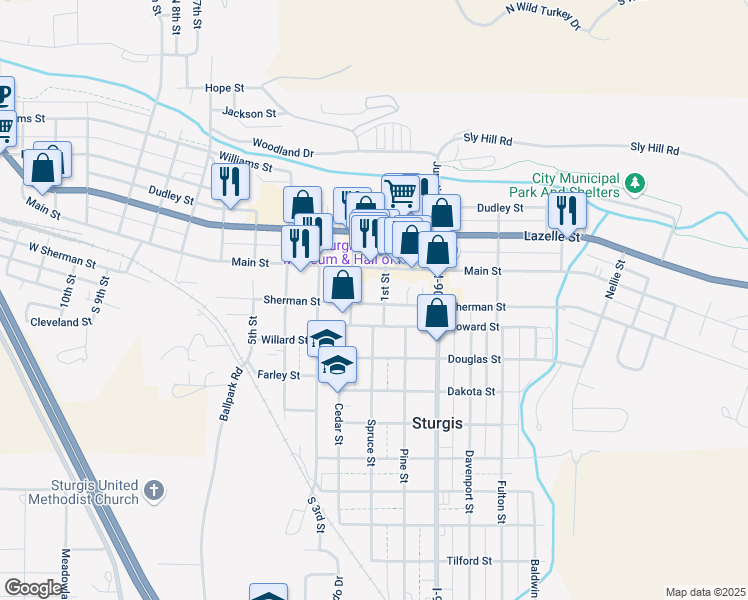 map of restaurants, bars, coffee shops, grocery stores, and more near 1102 Main Street in Sturgis