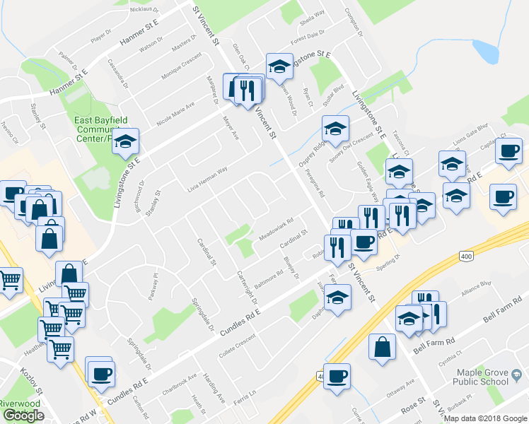 map of restaurants, bars, coffee shops, grocery stores, and more near 64 Hadden Crescent in Barrie