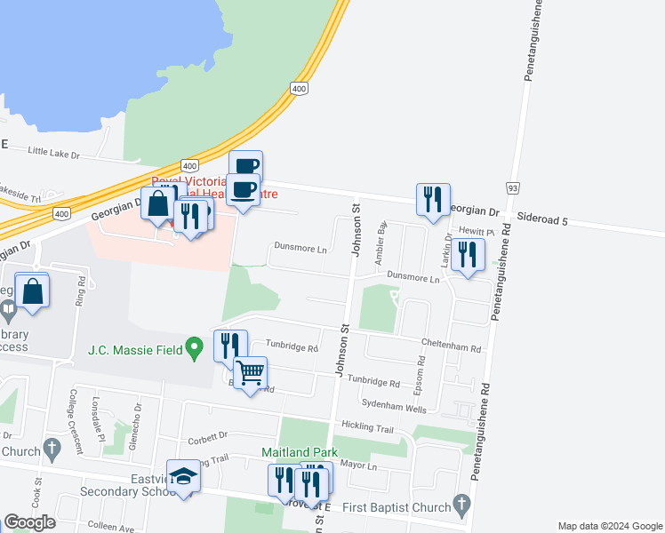 map of restaurants, bars, coffee shops, grocery stores, and more near 212 Dunsmore Lane in Barrie
