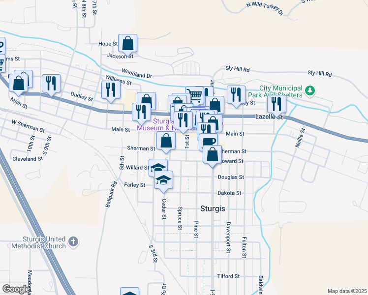 map of restaurants, bars, coffee shops, grocery stores, and more near 1113 Sherman Street in Sturgis