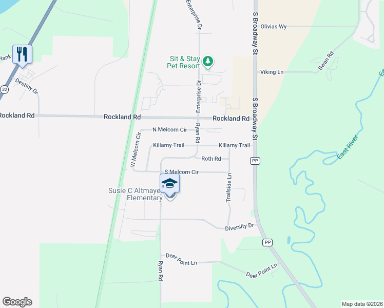 map of restaurants, bars, coffee shops, grocery stores, and more near 2128 Ryan Road in De Pere