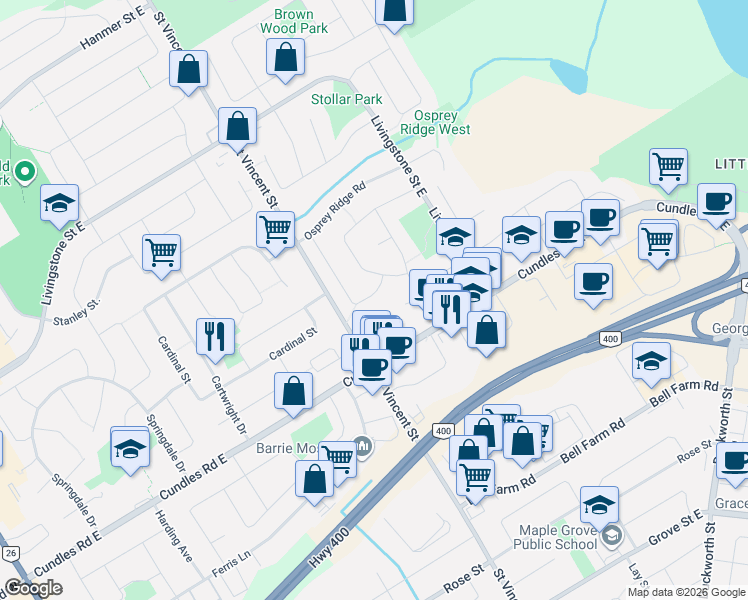 map of restaurants, bars, coffee shops, grocery stores, and more near 64 Peregrine Road in Barrie