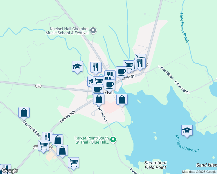 map of restaurants, bars, coffee shops, grocery stores, and more near 27 Water Street in Blue Hill