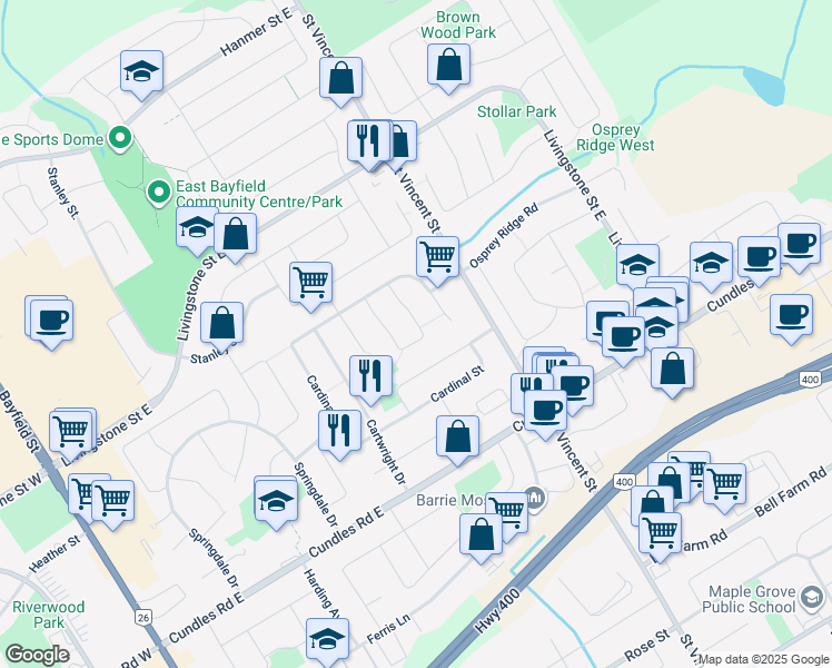 map of restaurants, bars, coffee shops, grocery stores, and more near 64 Hadden Crescent in Barrie