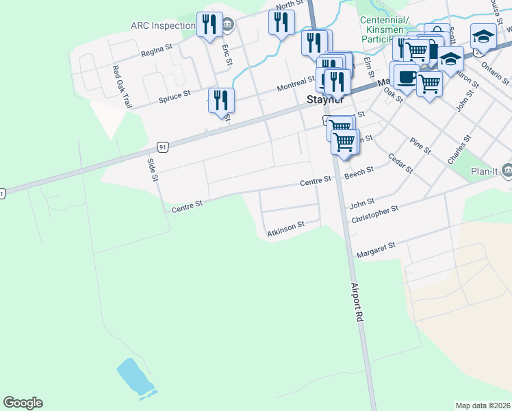 map of restaurants, bars, coffee shops, grocery stores, and more near 233 Atkinson Street in Stayner