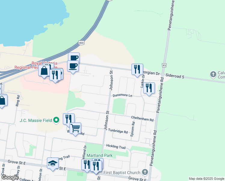 map of restaurants, bars, coffee shops, grocery stores, and more near 301 Johnson Street in Barrie