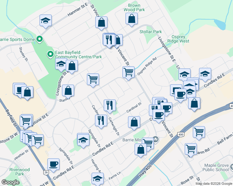 map of restaurants, bars, coffee shops, grocery stores, and more near 23 Hadden Crescent in Barrie