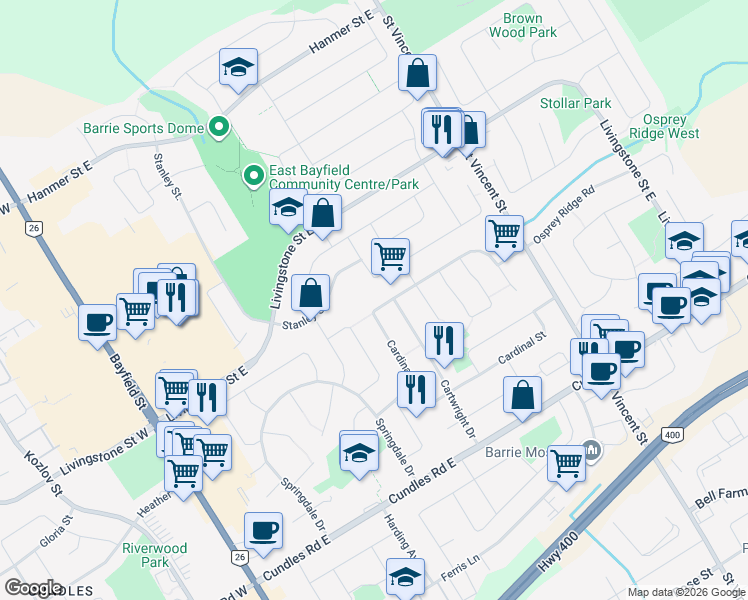 map of restaurants, bars, coffee shops, grocery stores, and more near 147 Cardinal Street in Barrie