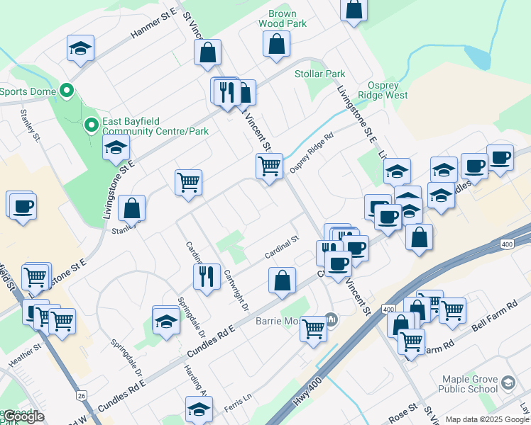 map of restaurants, bars, coffee shops, grocery stores, and more near 70 Hadden Crescent in Barrie