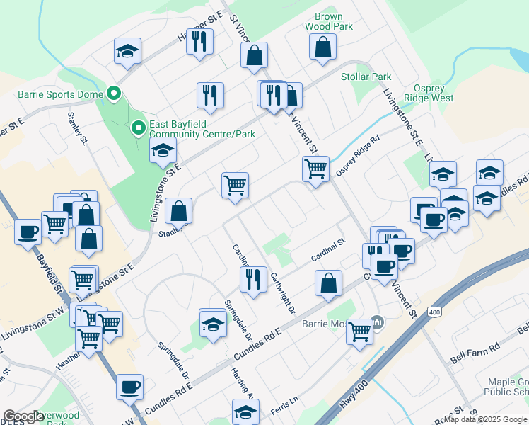 map of restaurants, bars, coffee shops, grocery stores, and more near 11 Lindsay Court in Barrie