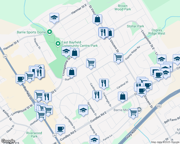 map of restaurants, bars, coffee shops, grocery stores, and more near 155 Cardinal Street in Barrie