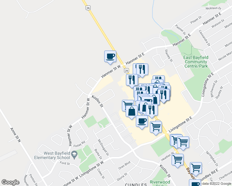 map of restaurants, bars, coffee shops, grocery stores, and more near 46 Pearcey Crescent in Barrie