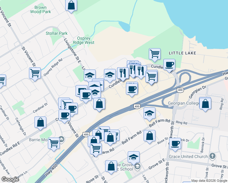 map of restaurants, bars, coffee shops, grocery stores, and more near 295 Cundles Road East in Barrie