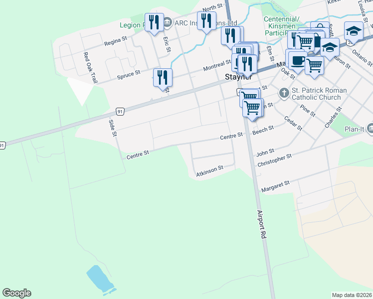 map of restaurants, bars, coffee shops, grocery stores, and more near 233 Atkinson Street in Stayner