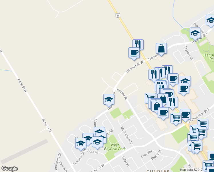 map of restaurants, bars, coffee shops, grocery stores, and more near 76 Forsyth Crescent in Barrie