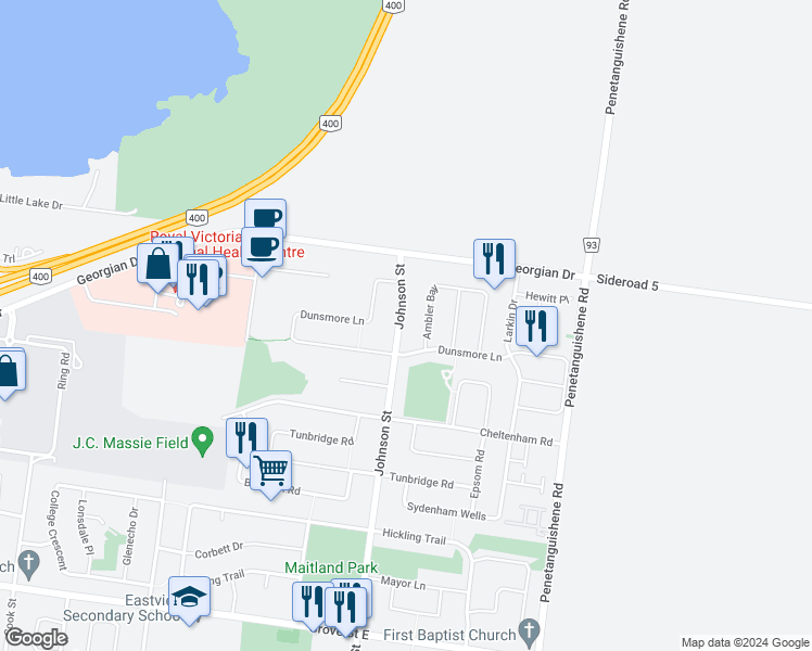 map of restaurants, bars, coffee shops, grocery stores, and more near 305 Johnson Street in Barrie