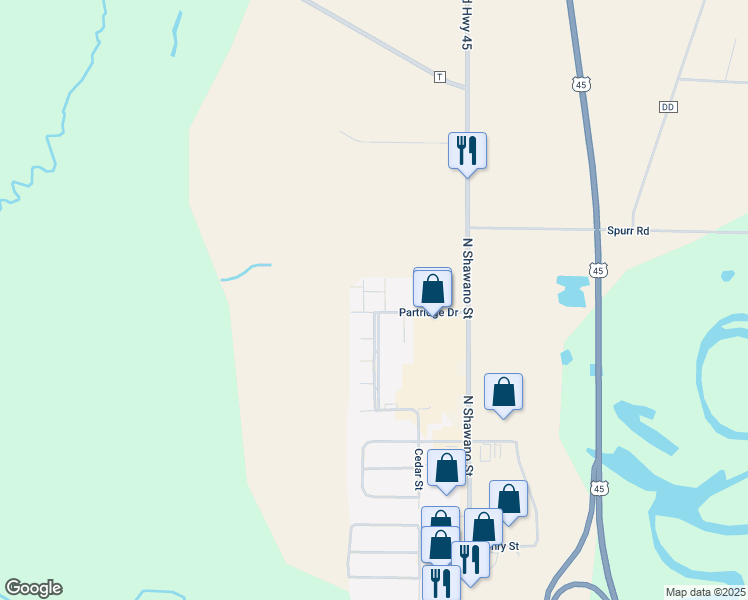 map of restaurants, bars, coffee shops, grocery stores, and more near 513 Partridge Drive in New London