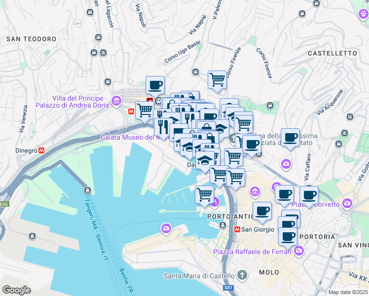 map of restaurants, bars, coffee shops, grocery stores, and more near 80 Calata Simone Vignoso in Genova
