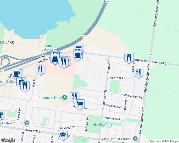 map of restaurants, bars, coffee shops, grocery stores, and more near 84 Dunsmore Lane in Barrie
